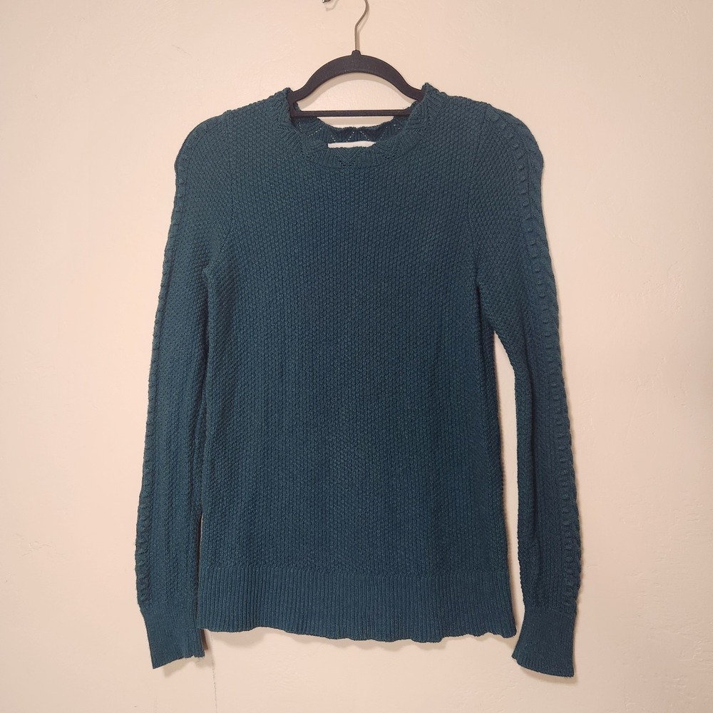 Loft Scalloped Neck Bobble Sleeve 100% Cotton Sweater Teal Green Size Small‎